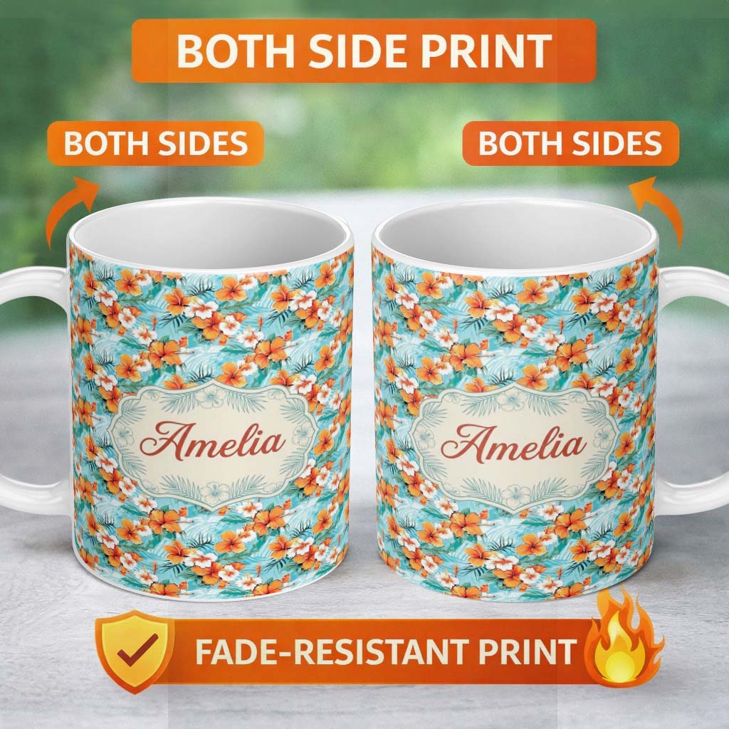 Personalized Custom Name Bright Orange Hibiscus Tropical Leaves Seamless Pattern Name Cute 11oz Ceramic Coffee Tea Mug White Large Handle