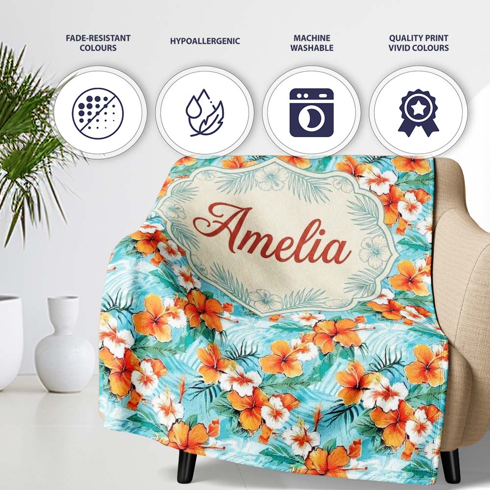 Bright Orange Hibiscus Tropical Leaves Seamless Pattern Name Cute Personalised Custom Name Super Soft Fleece Blanket Bed Sofa Throw