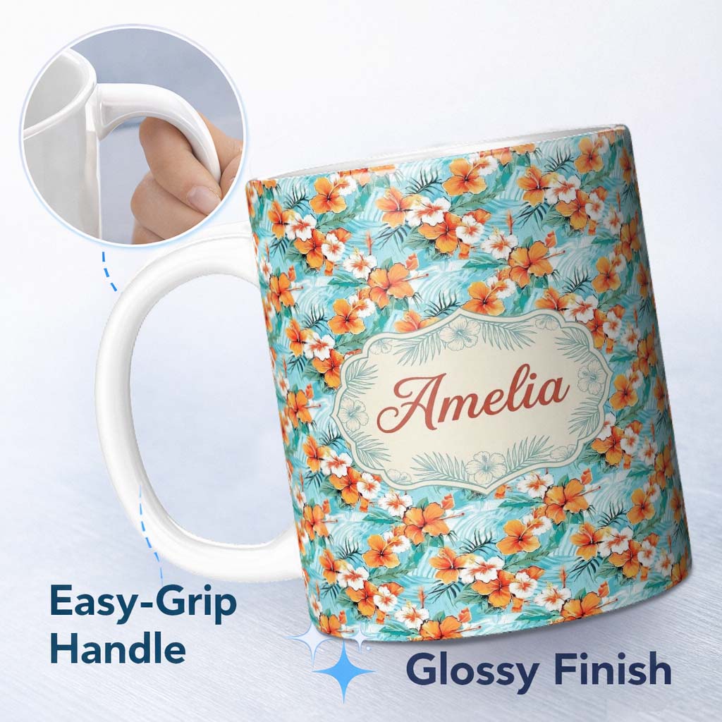 Personalized Custom Name Bright Orange Hibiscus Tropical Leaves Seamless Pattern Name Cute 11oz Ceramic Coffee Tea Mug White Large Handle