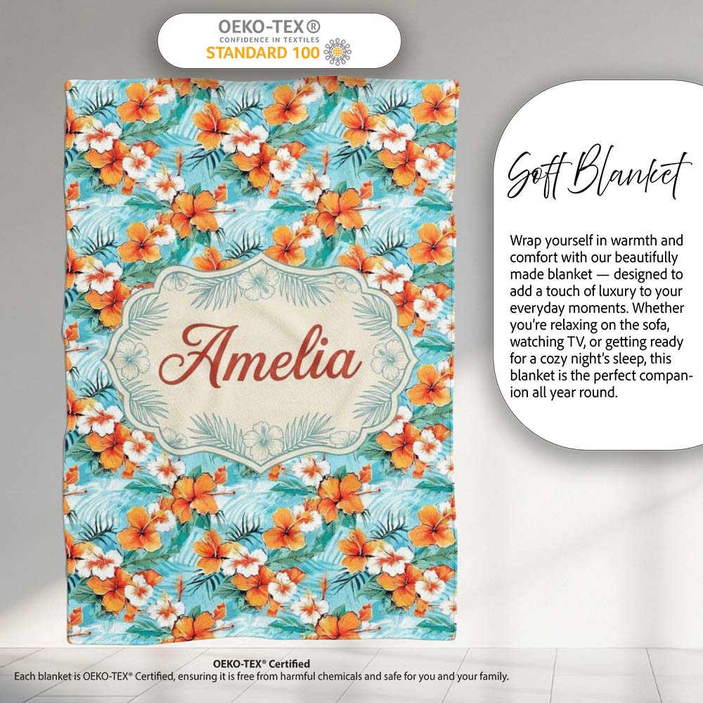 Bright Orange Hibiscus Tropical Leaves Seamless Pattern Name Cute Personalised Custom Name Super Soft Fleece Blanket Bed Sofa Throw