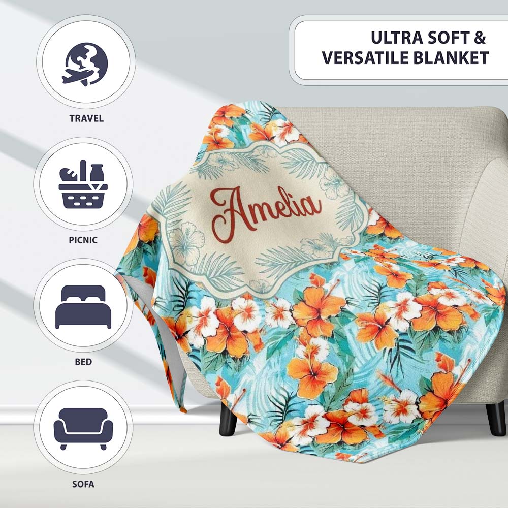 Bright Orange Hibiscus Tropical Leaves Seamless Pattern Name Cute Personalised Custom Name Super Soft Fleece Blanket Bed Sofa Throw