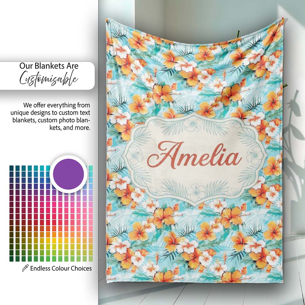 Bright Orange Hibiscus Tropical Leaves Seamless Pattern Name Cute Personalised Custom Name Super Soft Fleece Blanket Bed Sofa Throw