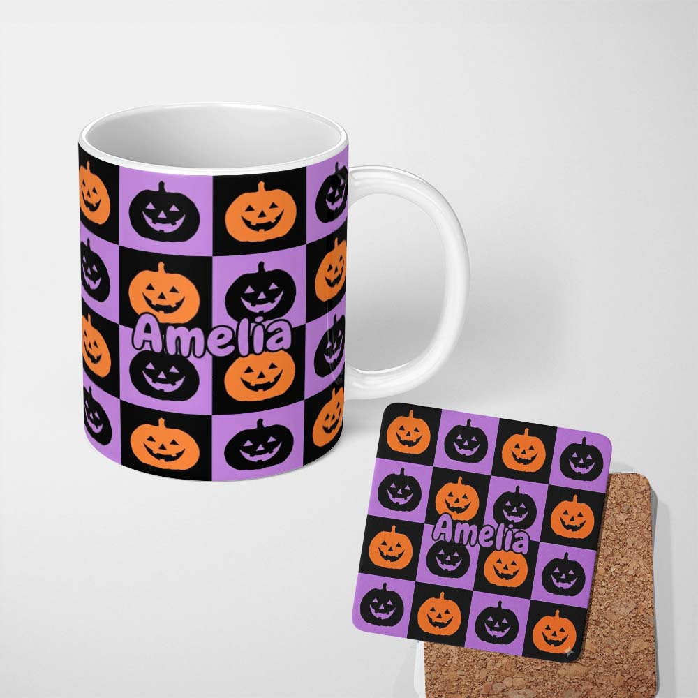 Personalized Custom Name Halloween Pumpkin Faces on Purple and Black Checkerboard Seamless 11oz Ceramic Coffee Tea Mug White Large Handle