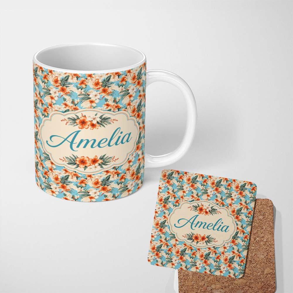 Personalized Custom Name Soft Blue Tropical Hibiscus Island Floral Seamless Pattern Name Cute 11oz Ceramic Coffee Tea Mug White Large Handle