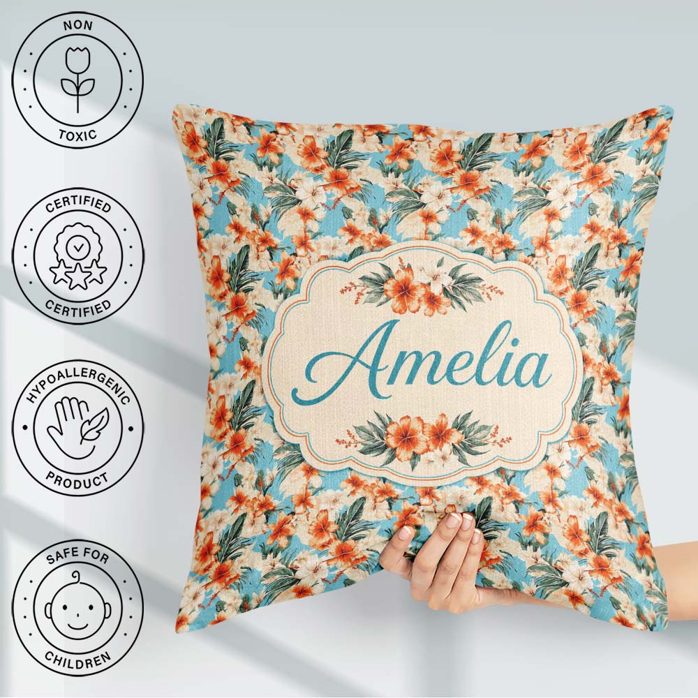 Custom Name Soft Blue Tropical Hibiscus Island Pattern Name Cute Square Filled Cushion Throw Pillow Sofa Bed Home Decor Zip Washable UK Made