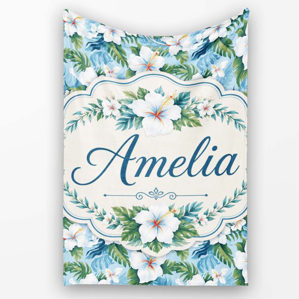 White Hibiscus Blue Leaf Tropical Floral Seamless Pattern Custom Personalised Custom Name Super Soft Fleece Blanket Bed Sofa Throw