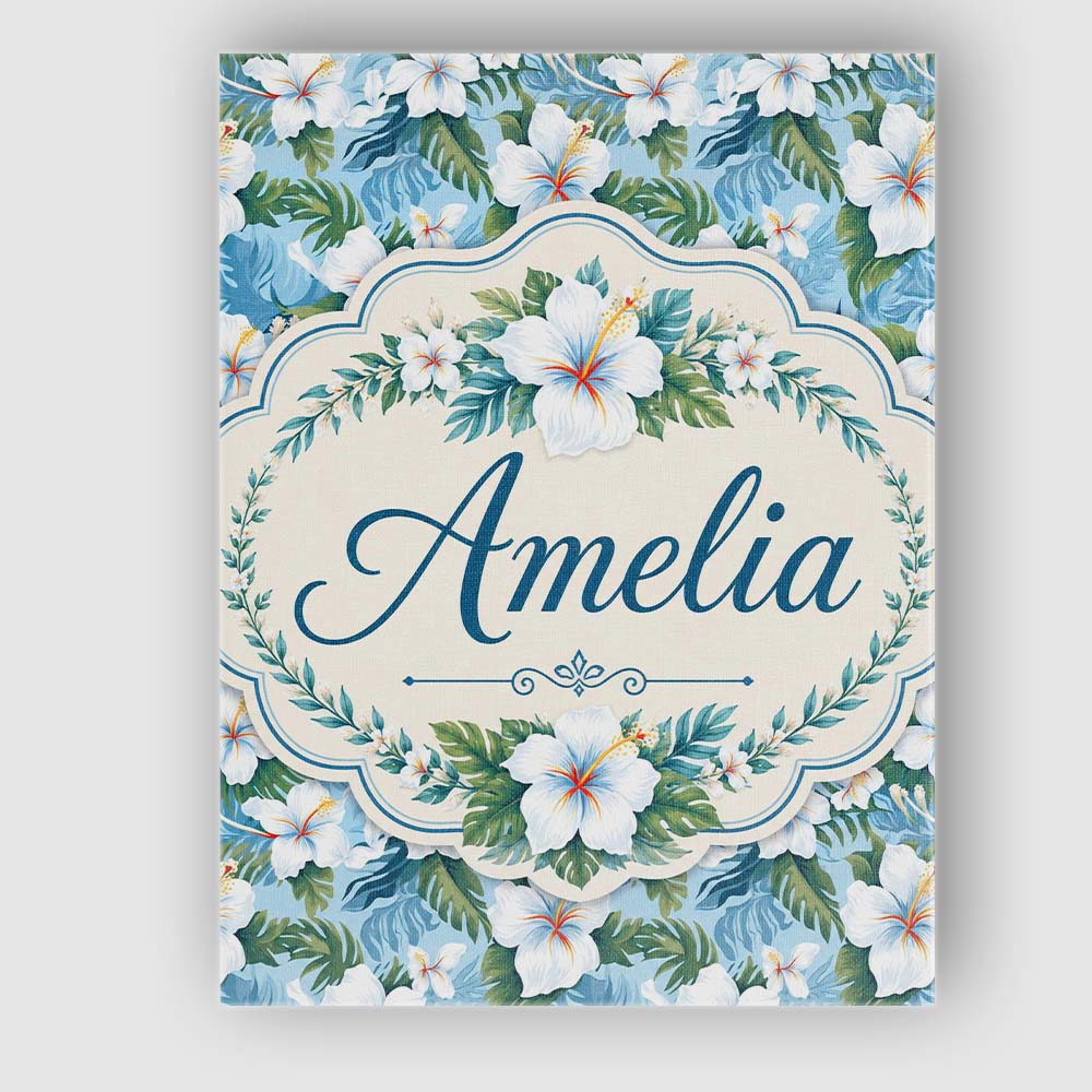 Personalised Name White Hibiscus Blue Leaf Custom Unique Gift Idea Elegant Feature Canvas Wall Art Print Decor Picture Ready to Hang