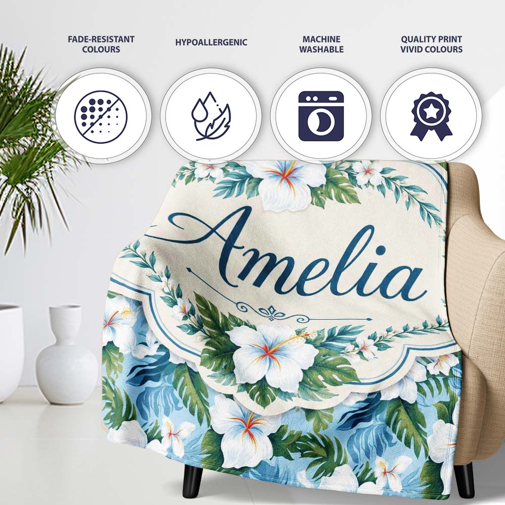 White Hibiscus Blue Leaf Tropical Floral Seamless Pattern Custom Personalised Custom Name Super Soft Fleece Blanket Bed Sofa Throw
