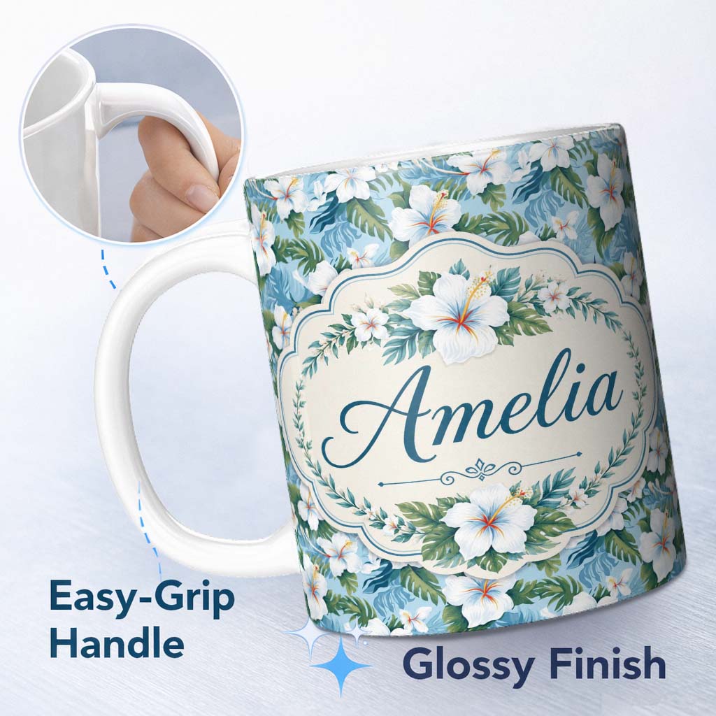 Personalized Custom Name White Hibiscus Blue Leaf Tropical Floral Seamless Pattern Custom 11oz Ceramic Coffee Tea Mug White Large Handle