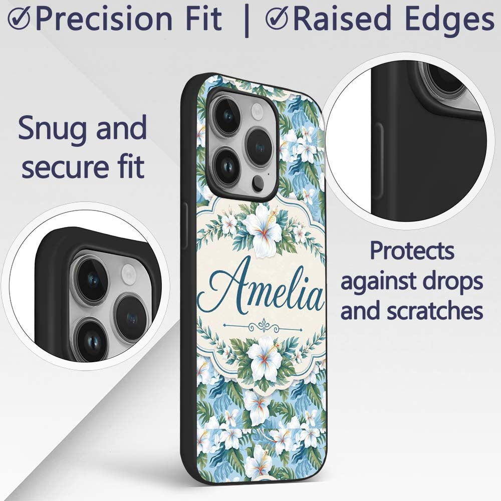 White Hibiscus Blue Leaf Tropical Floral Seamless Custom Name Protective Phone Case Mobile Cover Durable Everyday Smartphone Shock Resistant