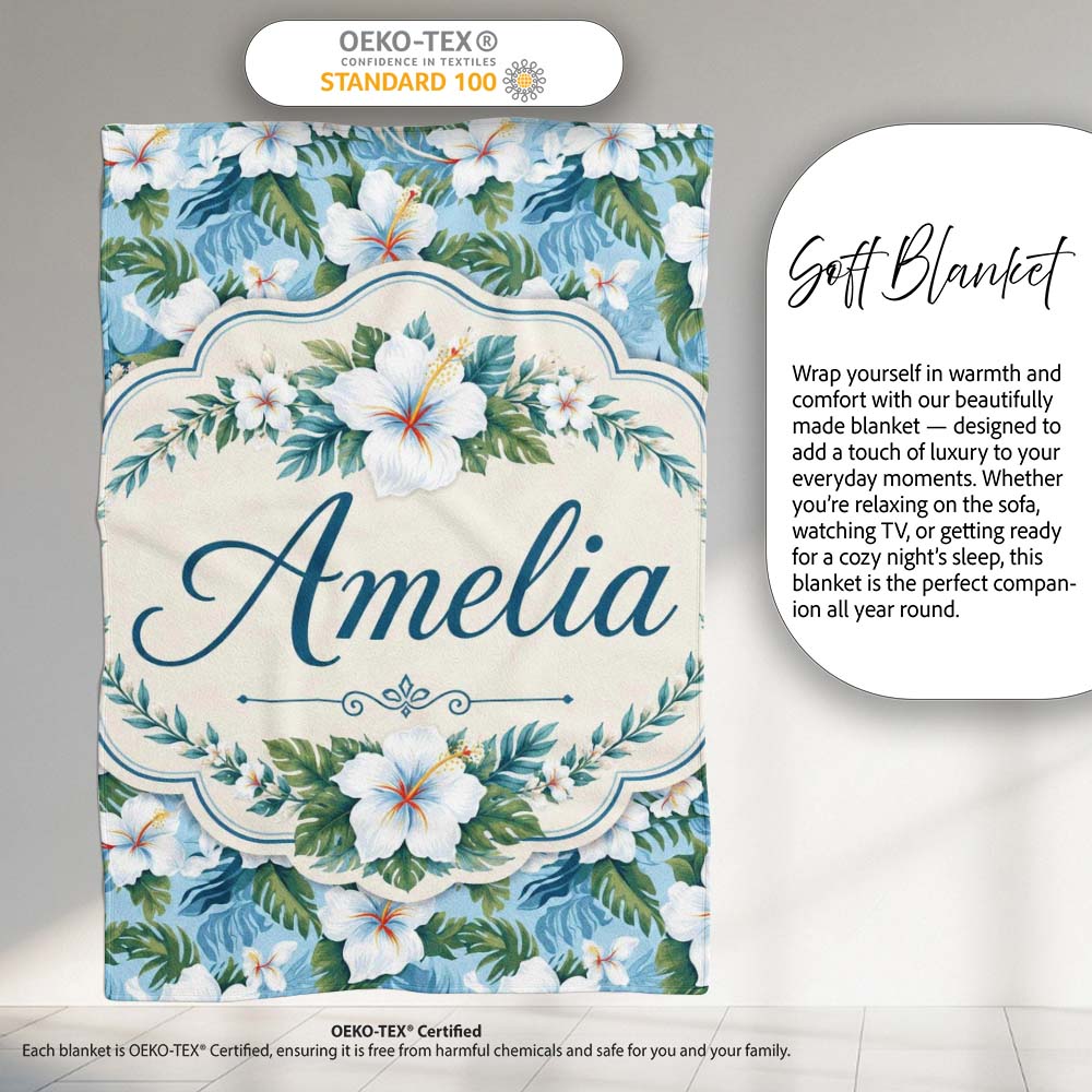 White Hibiscus Blue Leaf Tropical Floral Seamless Pattern Custom Personalised Custom Name Super Soft Fleece Blanket Bed Sofa Throw