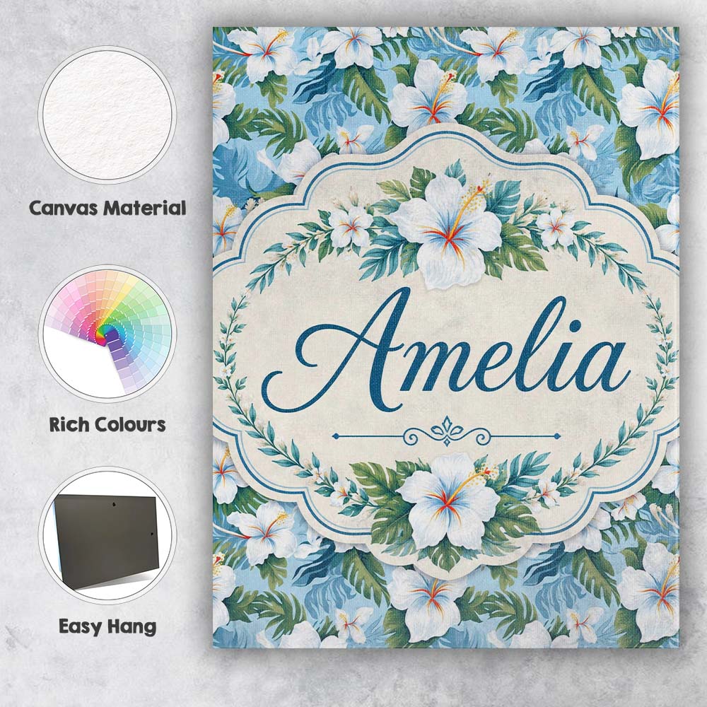 Personalised Name White Hibiscus Blue Leaf Custom Unique Gift Idea Elegant Feature Canvas Wall Art Print Decor Picture Ready to Hang
