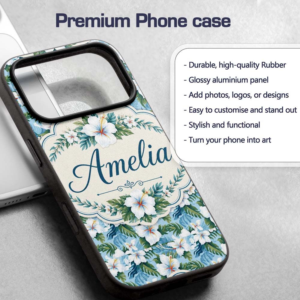 White Hibiscus Blue Leaf Tropical Floral Seamless Custom Name Protective Phone Case Mobile Cover Durable Everyday Smartphone Shock Resistant