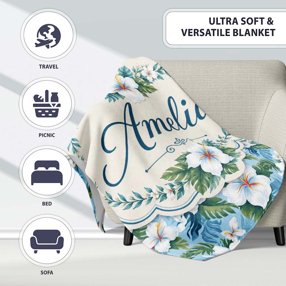 White Hibiscus Blue Leaf Tropical Floral Seamless Pattern Custom Personalised Custom Name Super Soft Fleece Blanket Bed Sofa Throw
