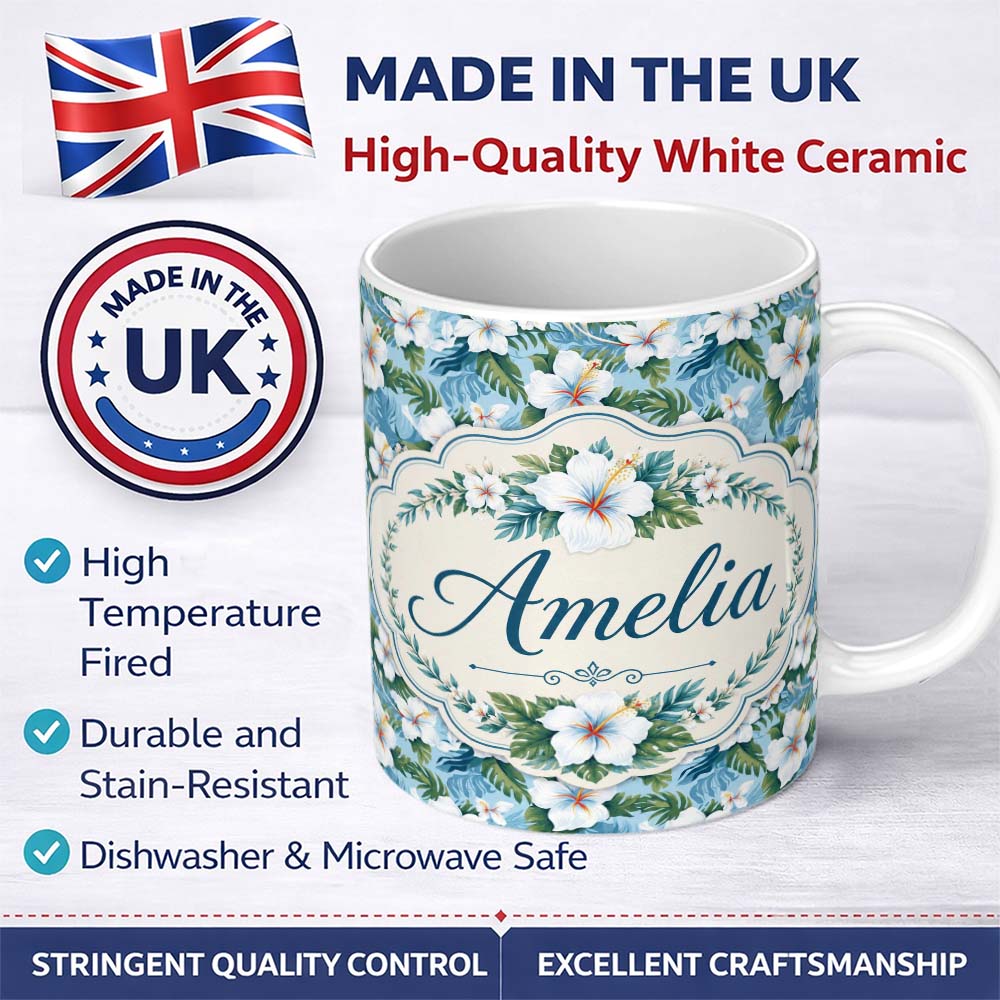 Personalized Custom Name White Hibiscus Blue Leaf Tropical Floral Seamless Pattern Custom 11oz Ceramic Coffee Tea Mug White Large Handle