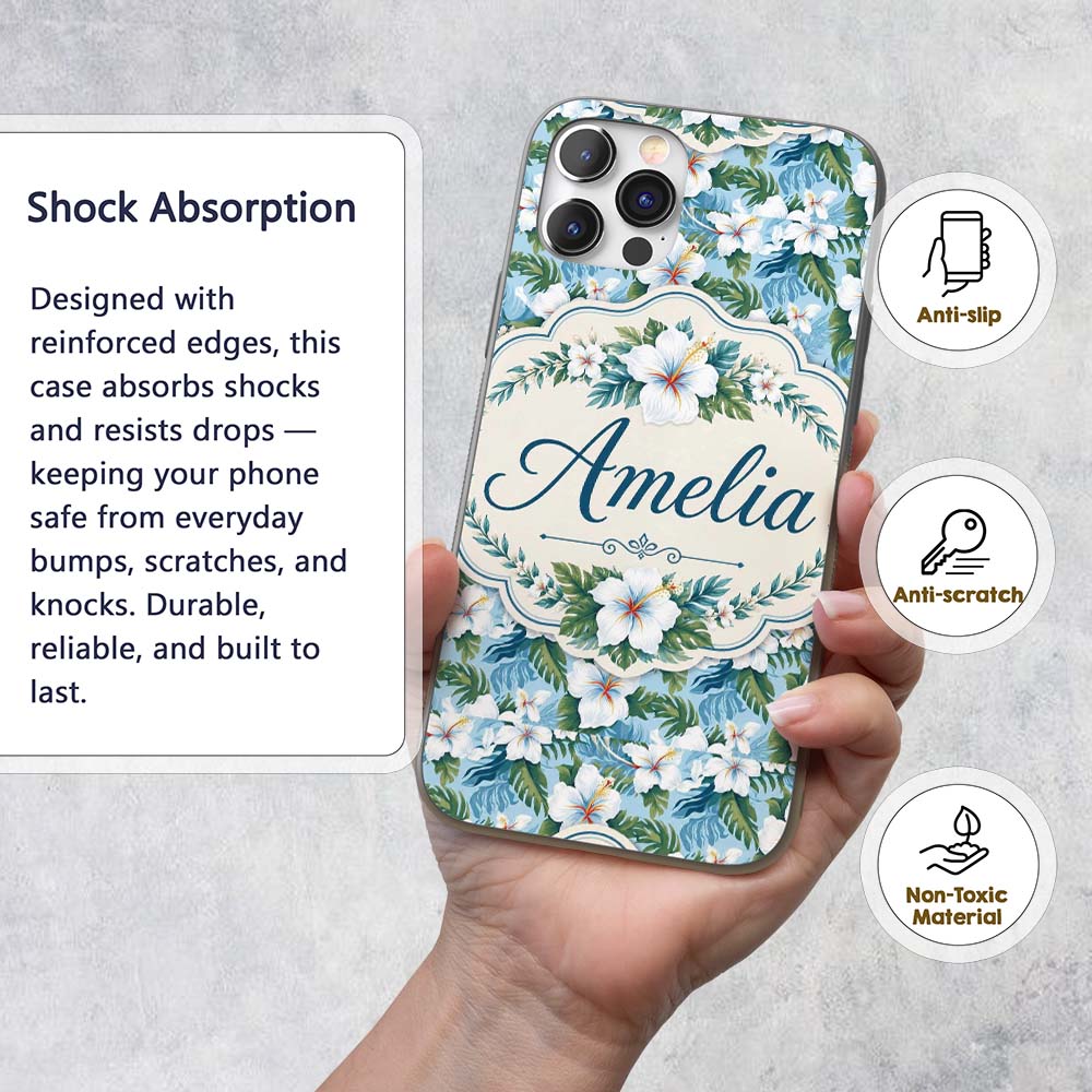 White Hibiscus Blue Leaf Tropical Floral Seamless Custom Name Protective Phone Case Mobile Cover Durable Everyday Smartphone Shock Resistant
