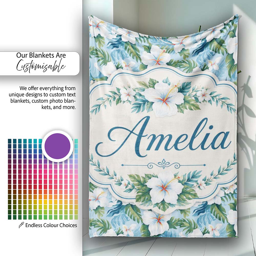 White Hibiscus Blue Leaf Tropical Floral Seamless Pattern Custom Personalised Custom Name Super Soft Fleece Blanket Bed Sofa Throw