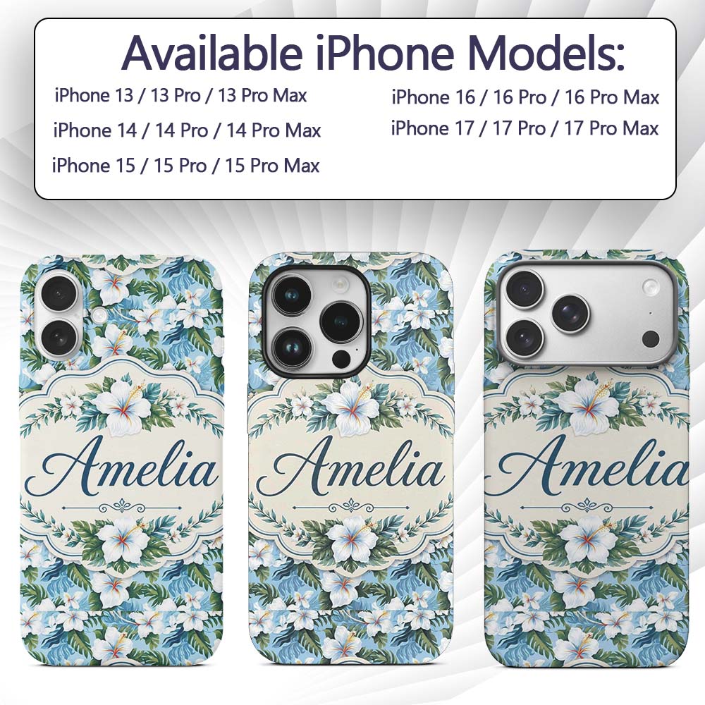 White Hibiscus Blue Leaf Tropical Floral Seamless Custom Name Protective Phone Case Mobile Cover Durable Everyday Smartphone Shock Resistant