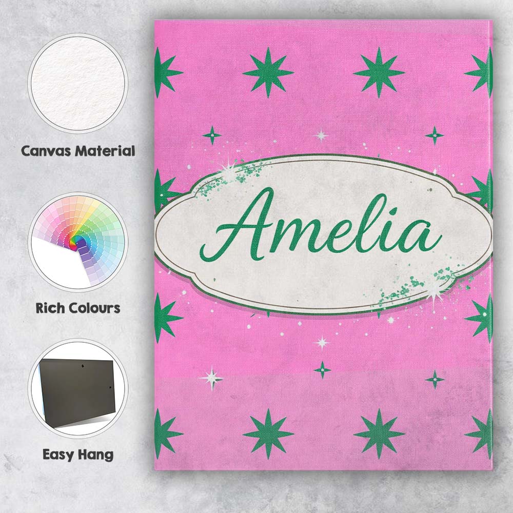 Personalised Name Green Star Shapes on Pink Background Seamless Custom Statement Canvas Wall Art Print Decor Picture Ready to Hang