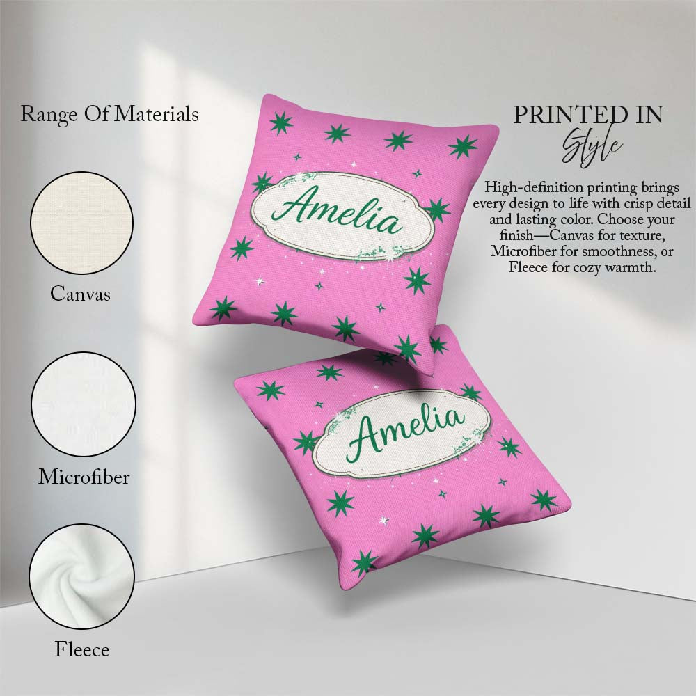 Custom Name Green Star Shapes on Pink Background Seamless Lovely Square Filled Cushion Throw Pillow Sofa Bed Home Decor Zip Washable UK Made
