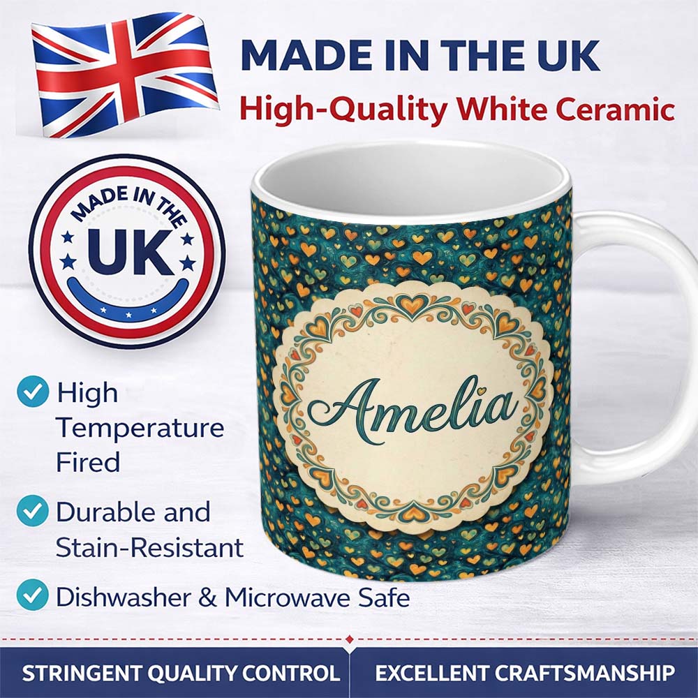 Personalized Custom Name Artistic Blue and Gold Heart Swirl Textured Seamless Pattern Lovely 11oz Ceramic Coffee Tea Mug White Large Handle