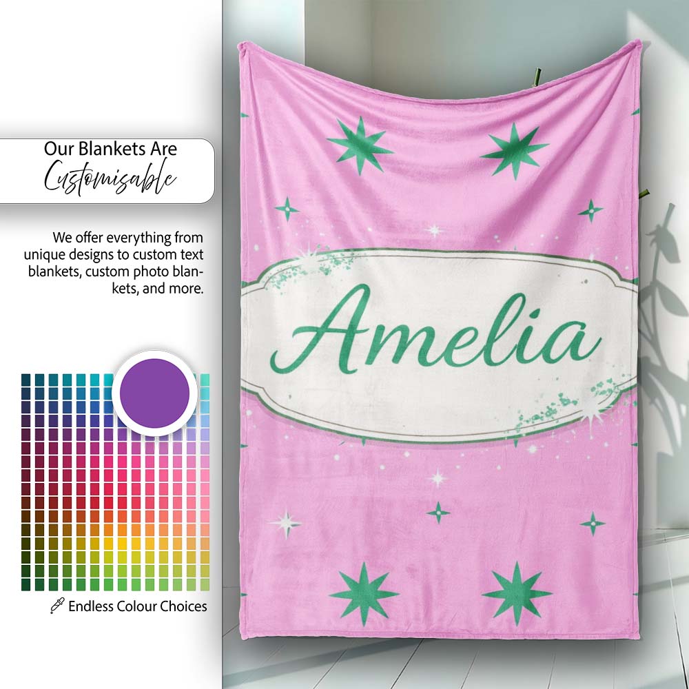 Green Star Shapes on Pink Background Seamless Pattern Lovely Personalised Custom Name Super Soft Fleece Blanket Bed Sofa Throw
