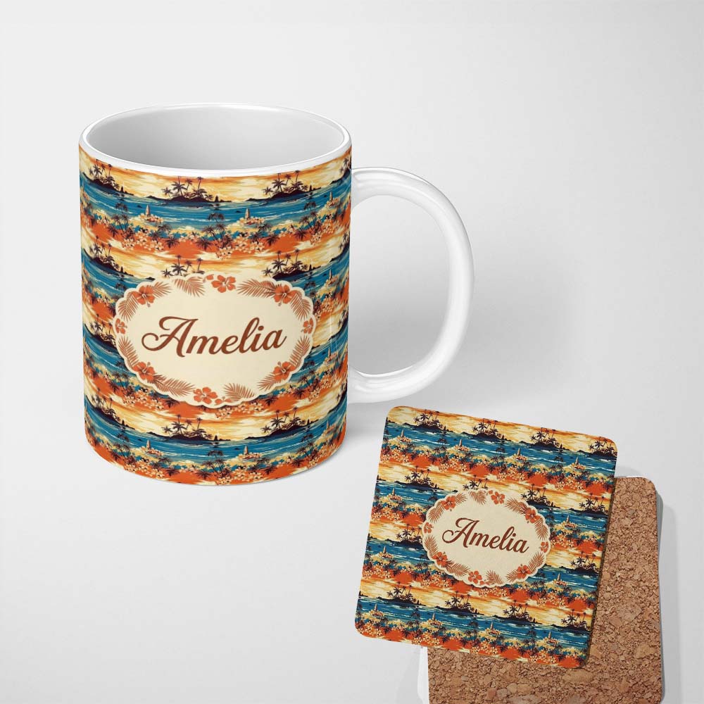 Personalized Custom Name Tropical Island Sunset Palm Scene Seamless Pattern Name Cute Unique 11oz Ceramic Coffee Tea Mug White Large Handle