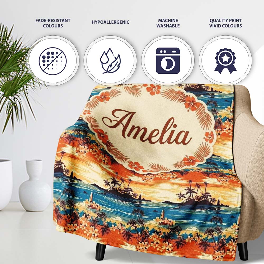 Tropical Island Sunset Palm Scene Seamless Pattern Name Cute Unique Personalised Custom Name Super Soft Fleece Blanket Bed Sofa Throw