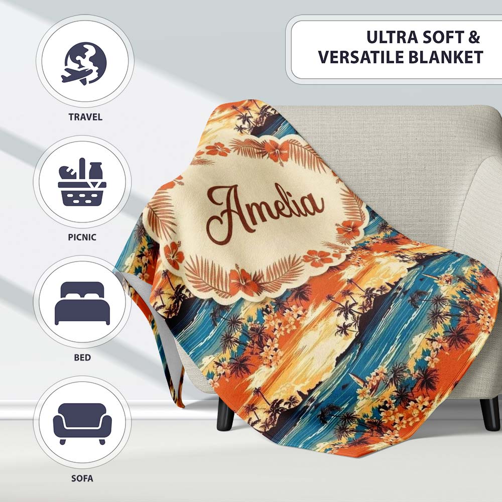 Tropical Island Sunset Palm Scene Seamless Pattern Name Cute Unique Personalised Custom Name Super Soft Fleece Blanket Bed Sofa Throw