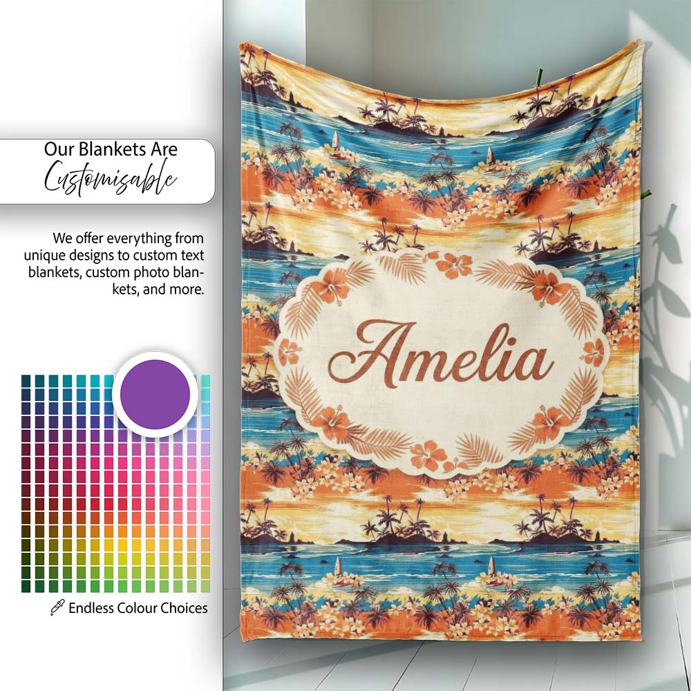 Tropical Island Sunset Palm Scene Seamless Pattern Name Cute Unique Personalised Custom Name Super Soft Fleece Blanket Bed Sofa Throw