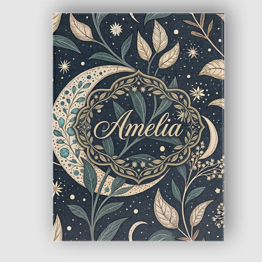 Personalised Name Botanical Crescent Moon Leaves Starry Night Custom Contemporary Display Canvas Wall Art Print Decor Picture Ready to Hang