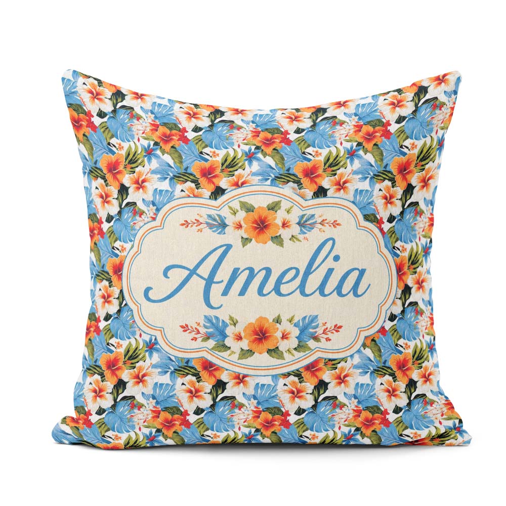 Custom Name Vibrant Blue Orange Hibiscus Tropical Floral Pattern Square Filled Cushion Throw Pillow Sofa Bed Home Decor Zip Washable UK Made