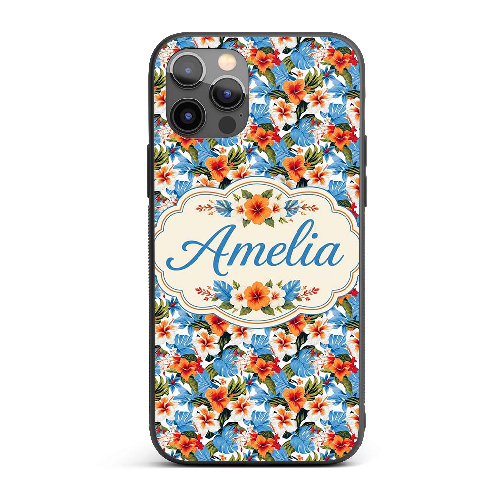 Vibrant Blue Orange Hibiscus Tropical Floral Custom Name Protective Phone Case Mobile Cover Durable Everyday Smartphone Shock Resistant