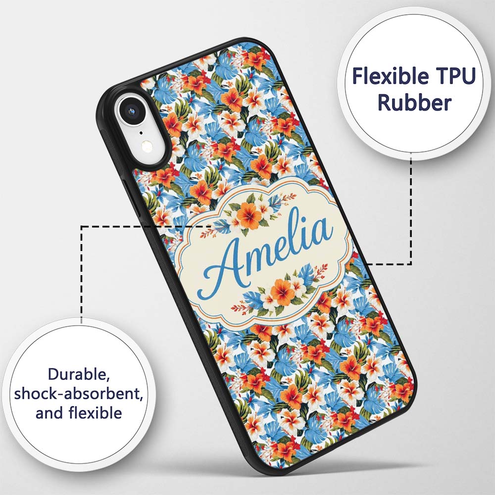 Vibrant Blue Orange Hibiscus Tropical Floral Custom Name Protective Phone Case Mobile Cover Durable Everyday Smartphone Shock Resistant