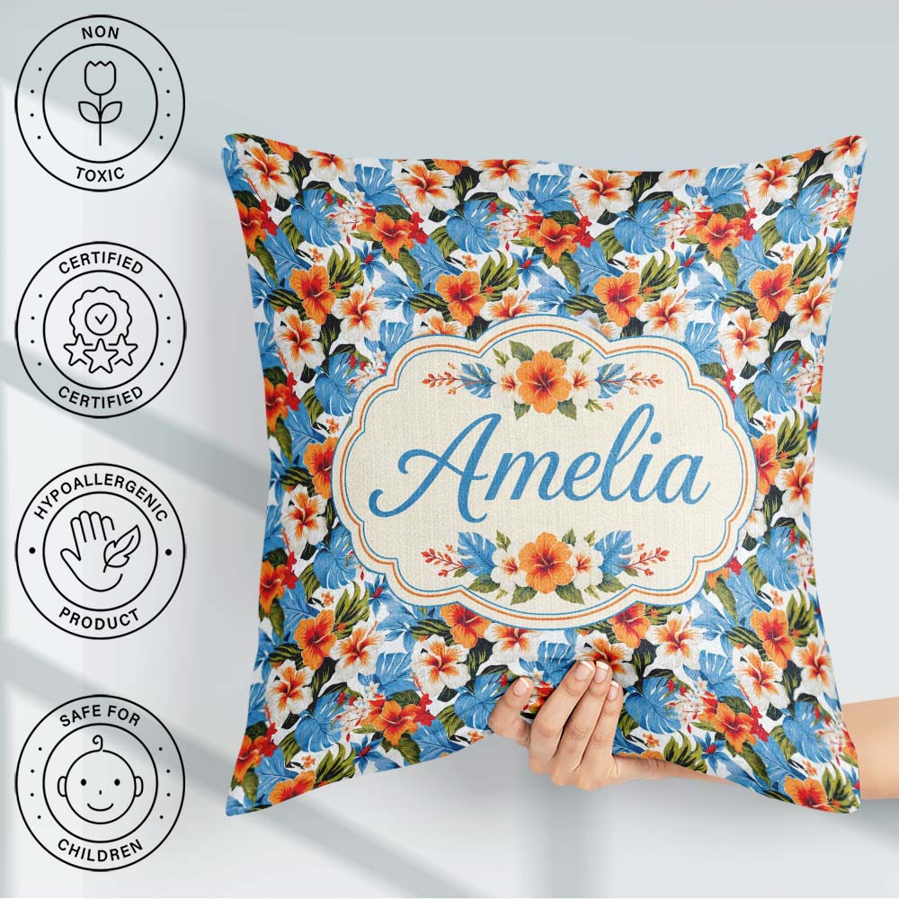 Custom Name Vibrant Blue Orange Hibiscus Tropical Floral Pattern Square Filled Cushion Throw Pillow Sofa Bed Home Decor Zip Washable UK Made