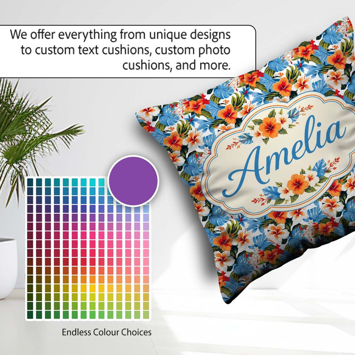 Custom Name Vibrant Blue Orange Hibiscus Tropical Floral Pattern Square Filled Cushion Throw Pillow Sofa Bed Home Decor Zip Washable UK Made