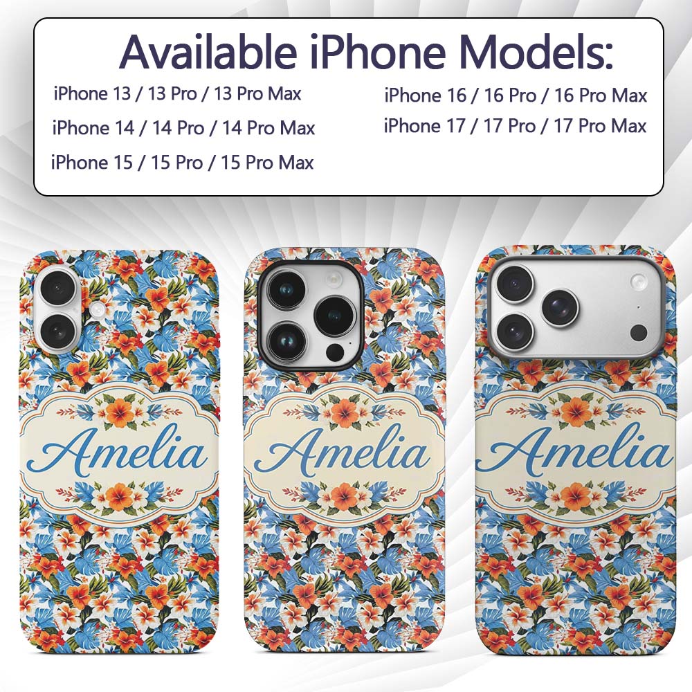 Vibrant Blue Orange Hibiscus Tropical Floral Custom Name Protective Phone Case Mobile Cover Durable Everyday Smartphone Shock Resistant
