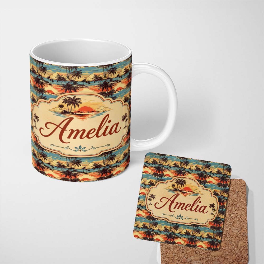 Personalized Custom Name Tropical Palm Tree Sunset Beach Scene Seamless Pattern Name Cute 11oz Ceramic Coffee Tea Mug White Large Handle