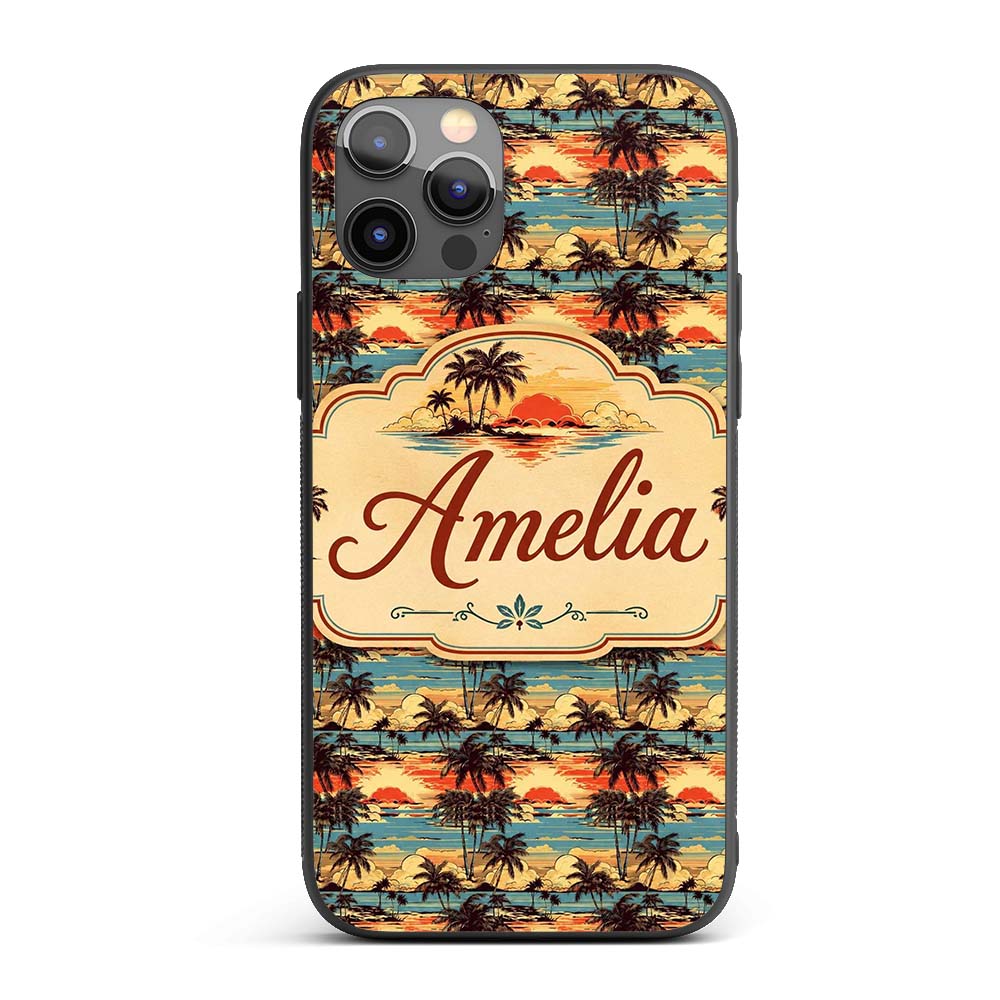 Tropical Palm Tree Sunset Beach Scene Seamless Custom Name Protective Phone Case Mobile Cover Durable Everyday Smartphone Shock Resistant