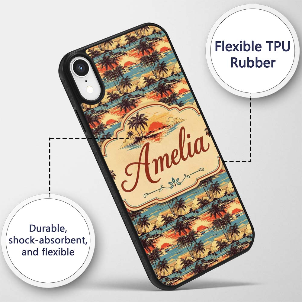 Tropical Palm Tree Sunset Beach Scene Seamless Custom Name Protective Phone Case Mobile Cover Durable Everyday Smartphone Shock Resistant