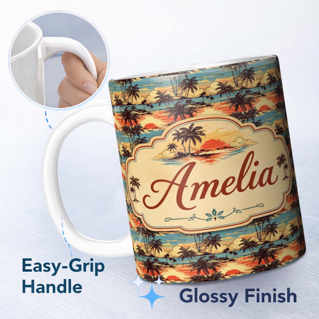 Personalized Custom Name Tropical Palm Tree Sunset Beach Scene Seamless Pattern Name Cute 11oz Ceramic Coffee Tea Mug White Large Handle