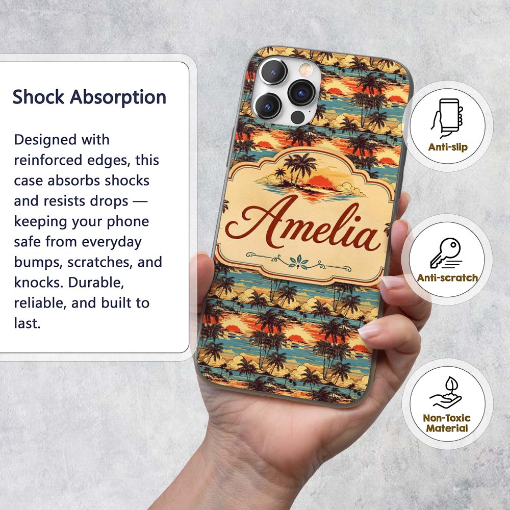 Tropical Palm Tree Sunset Beach Scene Seamless Custom Name Protective Phone Case Mobile Cover Durable Everyday Smartphone Shock Resistant