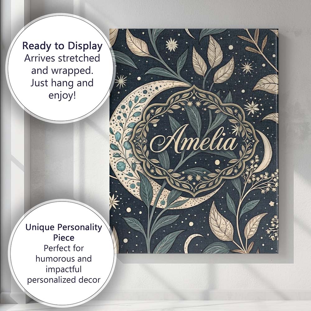 Personalised Name Botanical Crescent Moon Leaves Starry Night Custom Contemporary Display Canvas Wall Art Print Decor Picture Ready to Hang