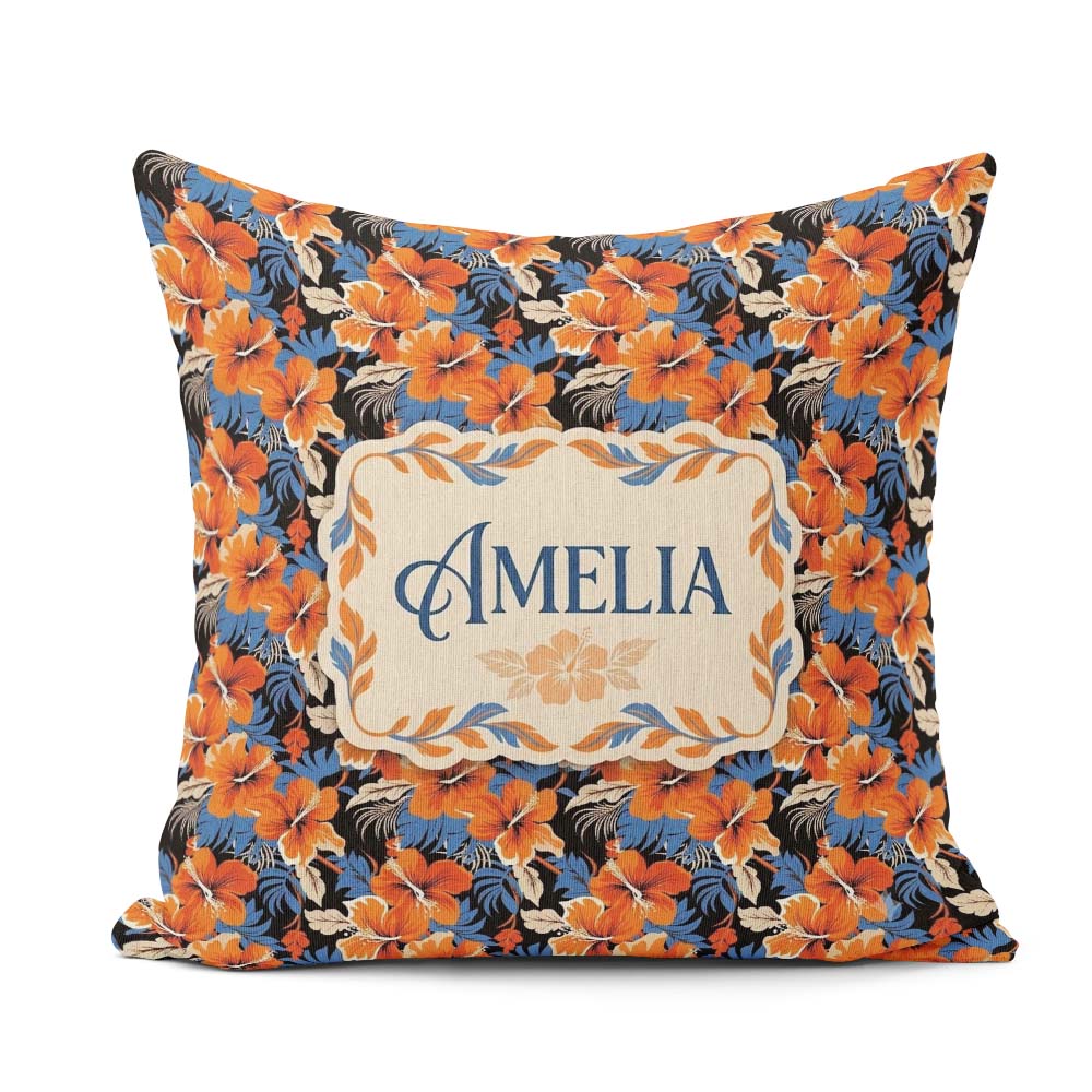 Custom Name Bold Orange Hibiscus Dark Tropical Pattern Name Cute Square Filled Cushion Throw Pillow Sofa Bed Home Decor Zip Washable UK Made