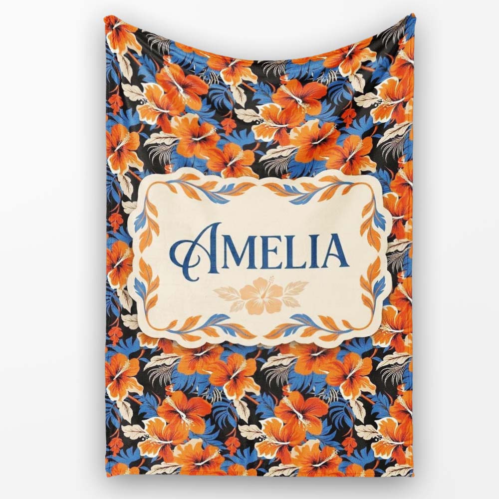 Bold Orange Hibiscus Dark Tropical Floral Seamless Pattern Name Cute Personalised Custom Name Super Soft Fleece Blanket Bed Sofa Throw