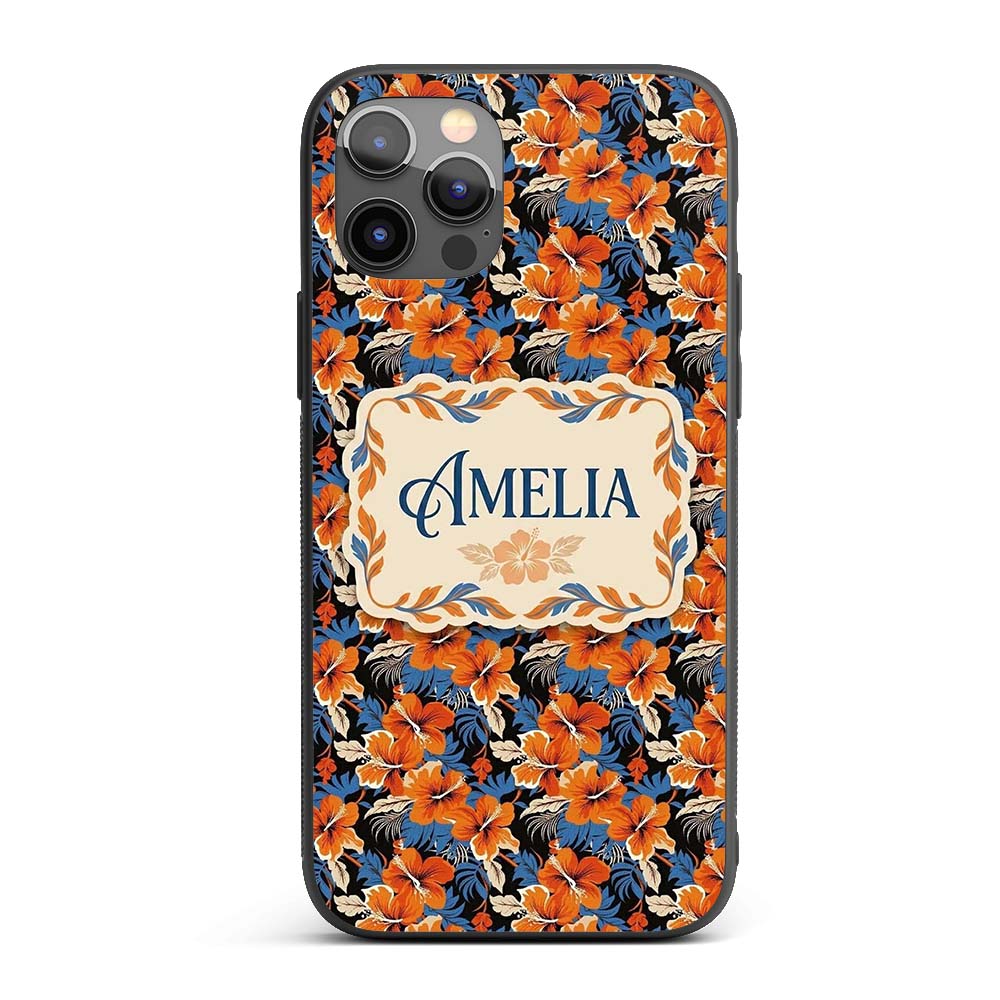 Bold Orange Hibiscus Dark Tropical Printed Design Custom Name Protective Phone Case Mobile Cover Durable Everyday Smartphone Shock Resistant