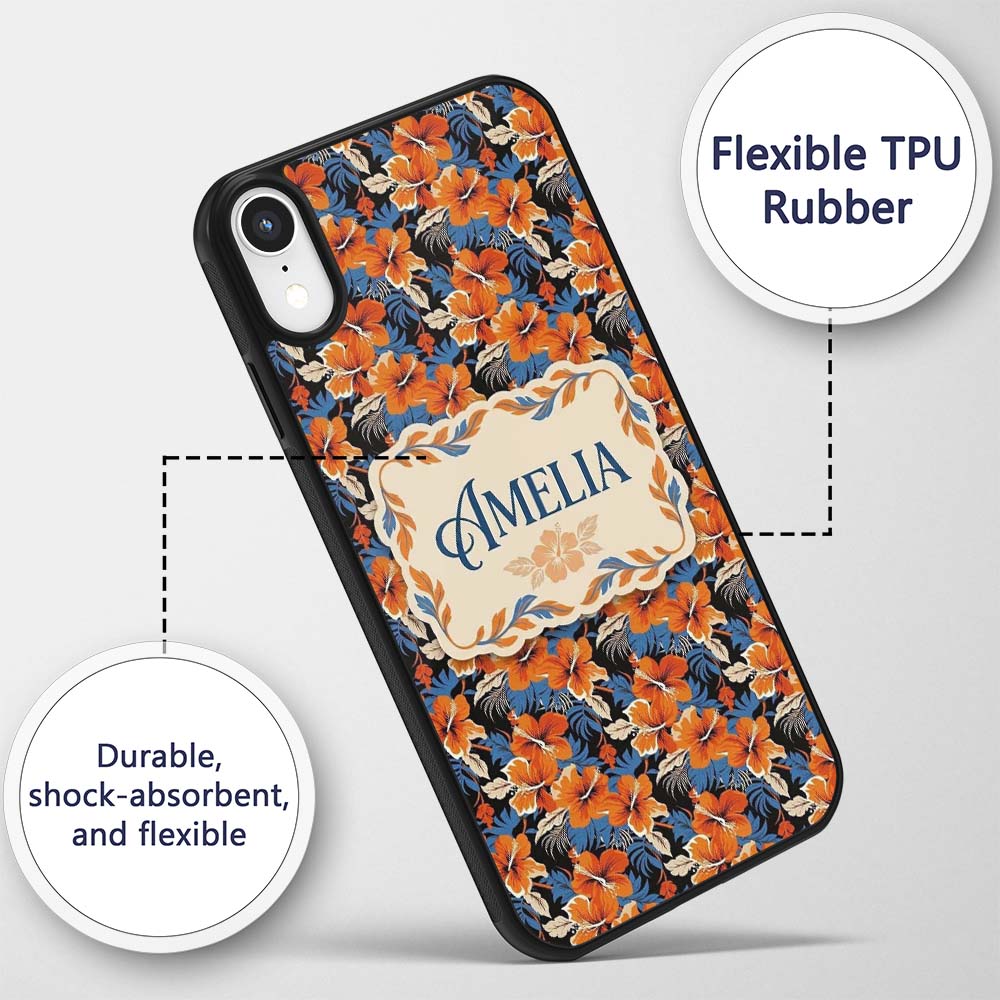 Bold Orange Hibiscus Dark Tropical Printed Design Custom Name Protective Phone Case Mobile Cover Durable Everyday Smartphone Shock Resistant