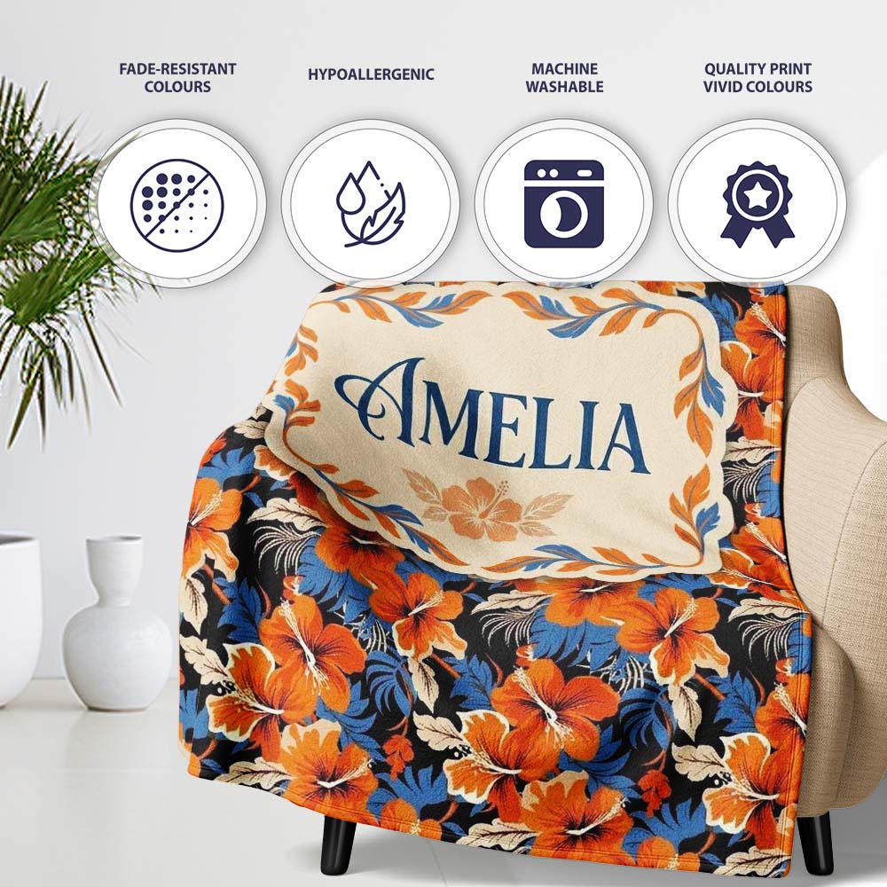 Bold Orange Hibiscus Dark Tropical Floral Seamless Pattern Name Cute Personalised Custom Name Super Soft Fleece Blanket Bed Sofa Throw