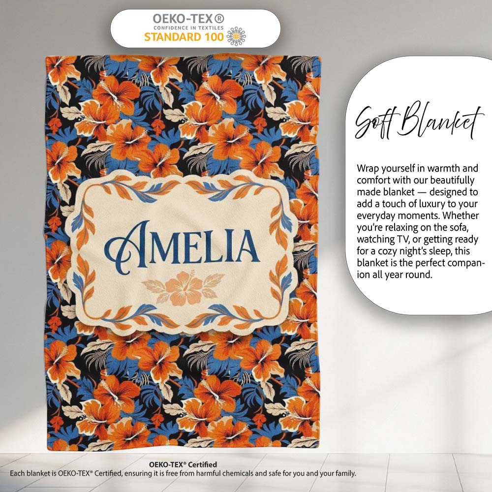 Bold Orange Hibiscus Dark Tropical Floral Seamless Pattern Name Cute Personalised Custom Name Super Soft Fleece Blanket Bed Sofa Throw
