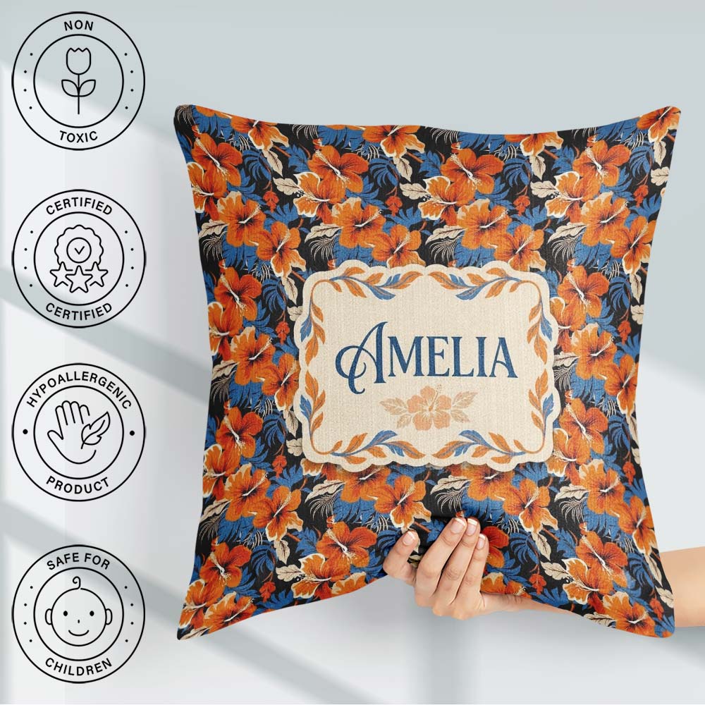 Custom Name Bold Orange Hibiscus Dark Tropical Pattern Name Cute Square Filled Cushion Throw Pillow Sofa Bed Home Decor Zip Washable UK Made